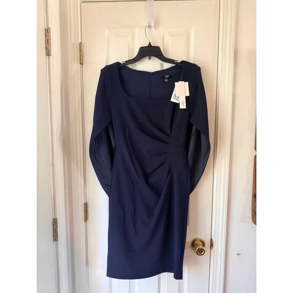 AQUA Navy Blue Cape Sleeve Ruched Cocktail Dress A26780 Womens Size‎ 2 NEW